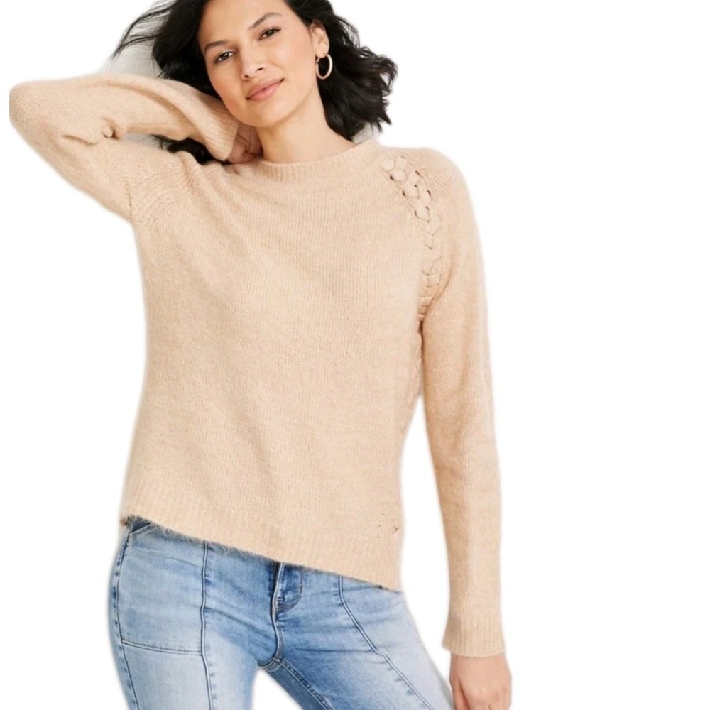 Vigoss Tan Plus Size XL Designer Luxury Long Sleeve Braided Crew Neck Sweater
